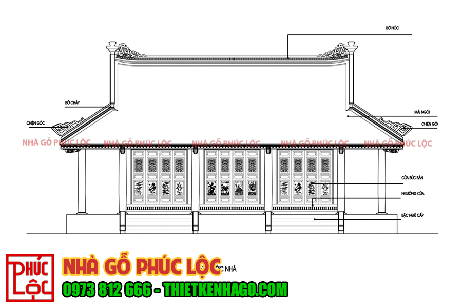 Bản vẽ mặt trước căn nhà gỗ 3 gian cổ truyền 